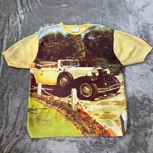 Vintage 70s Kmart Graphic T Shirt Mens Large Yellow Classic Car All Over Print